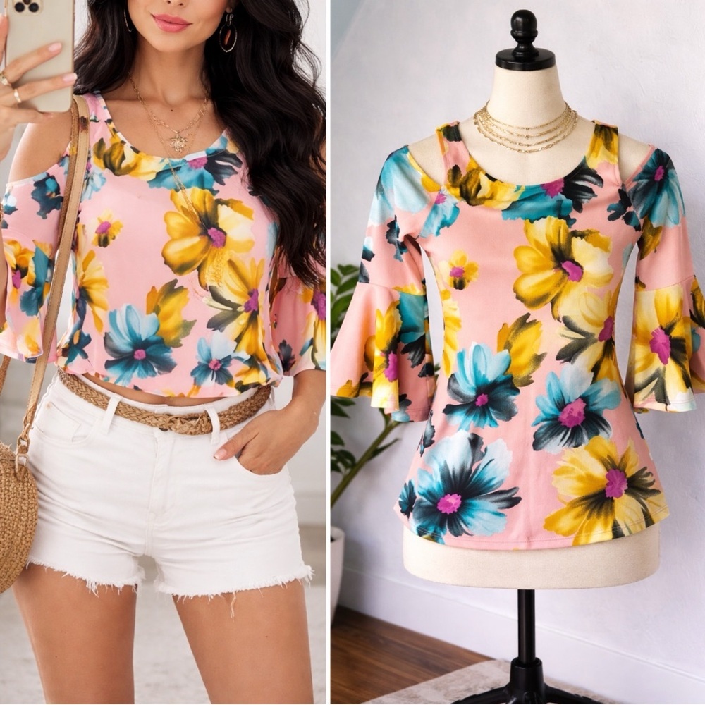 Philosophy of Pear P.O.P | EUC Pink Floral Cold-Shoulder Bell Sleeve Top (sz S)
